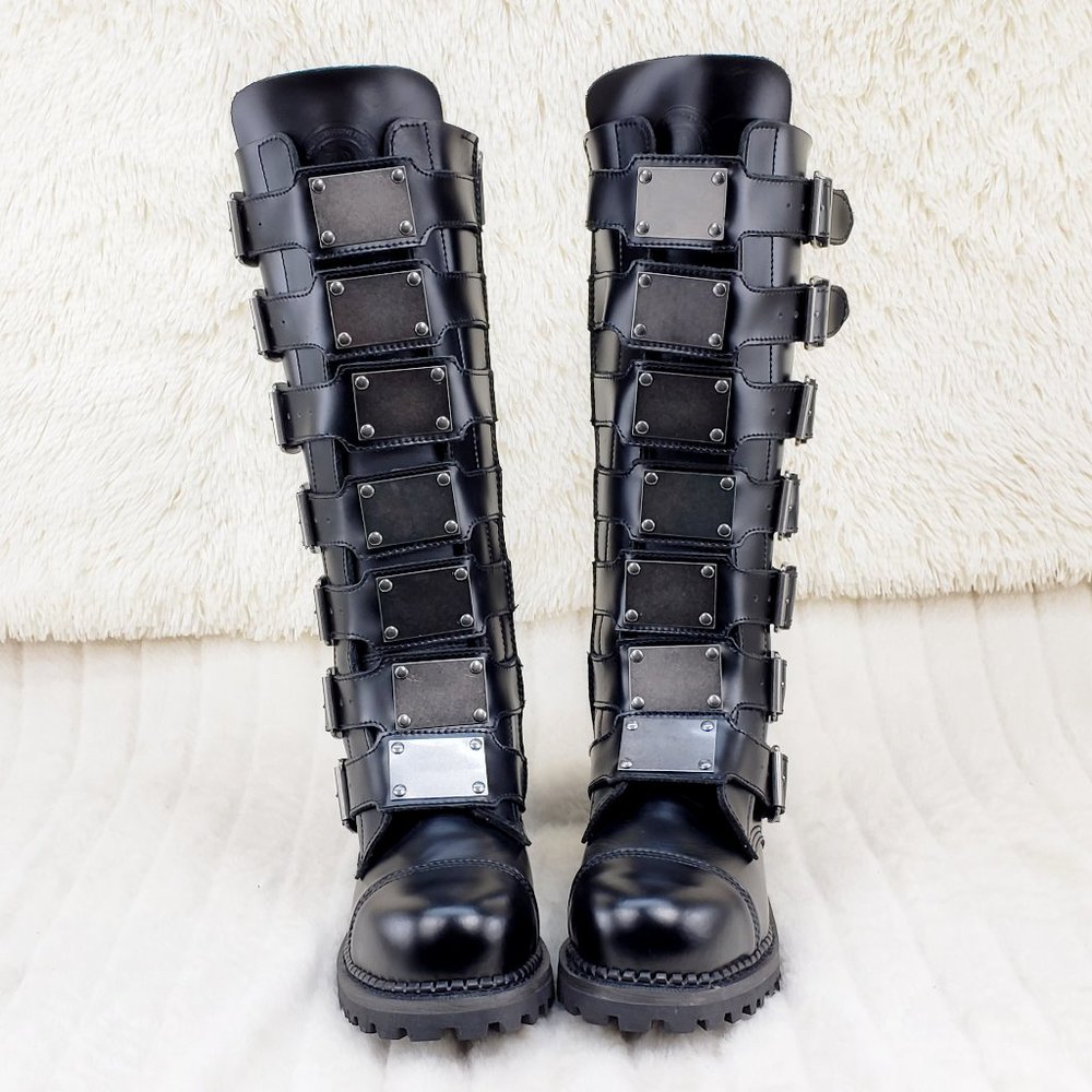 Leather Shin Guard Strap Men's Military Goth Biker Steel Toe Riot Boots - Picture 4 of 12
